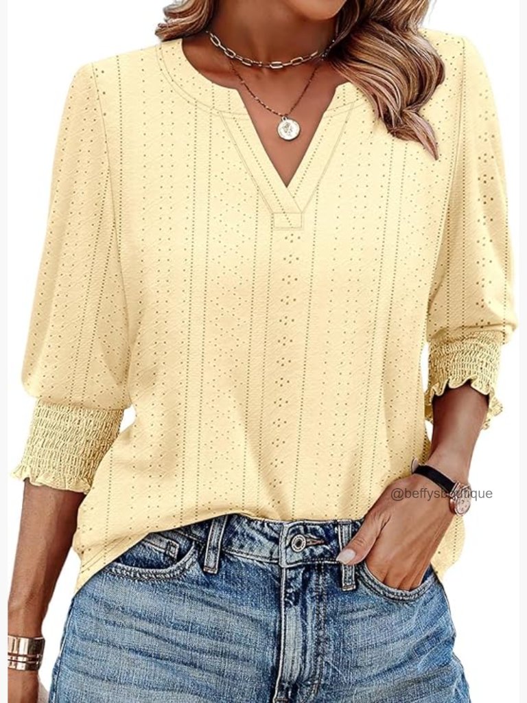V Neck 3/4 Sleeve Hollow Out Blouse Business Casual Work Top Plus Size